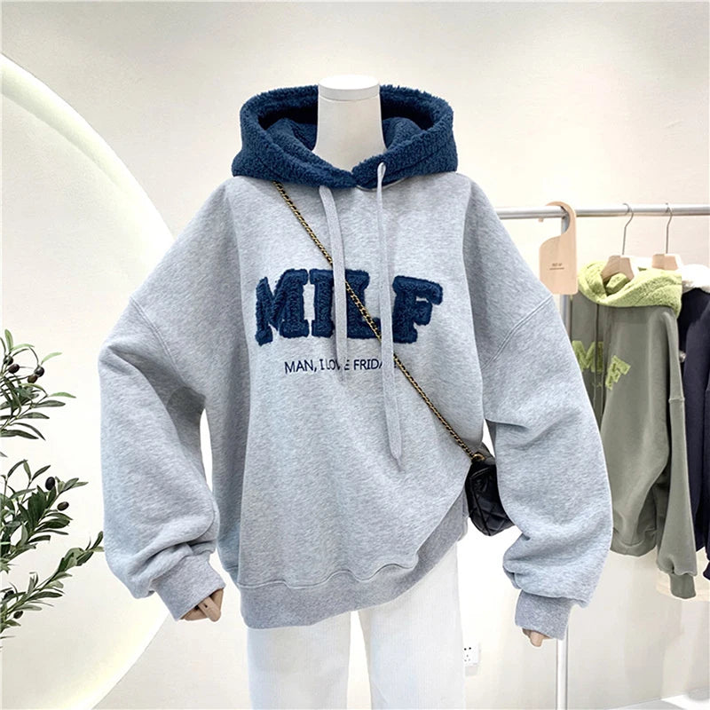 Women Loose Fashion Autumn Letter Splicing Lamb Hoodies Sweatshirt Casual Cotton Thick Long Sleeve Female Pullover Streetwear