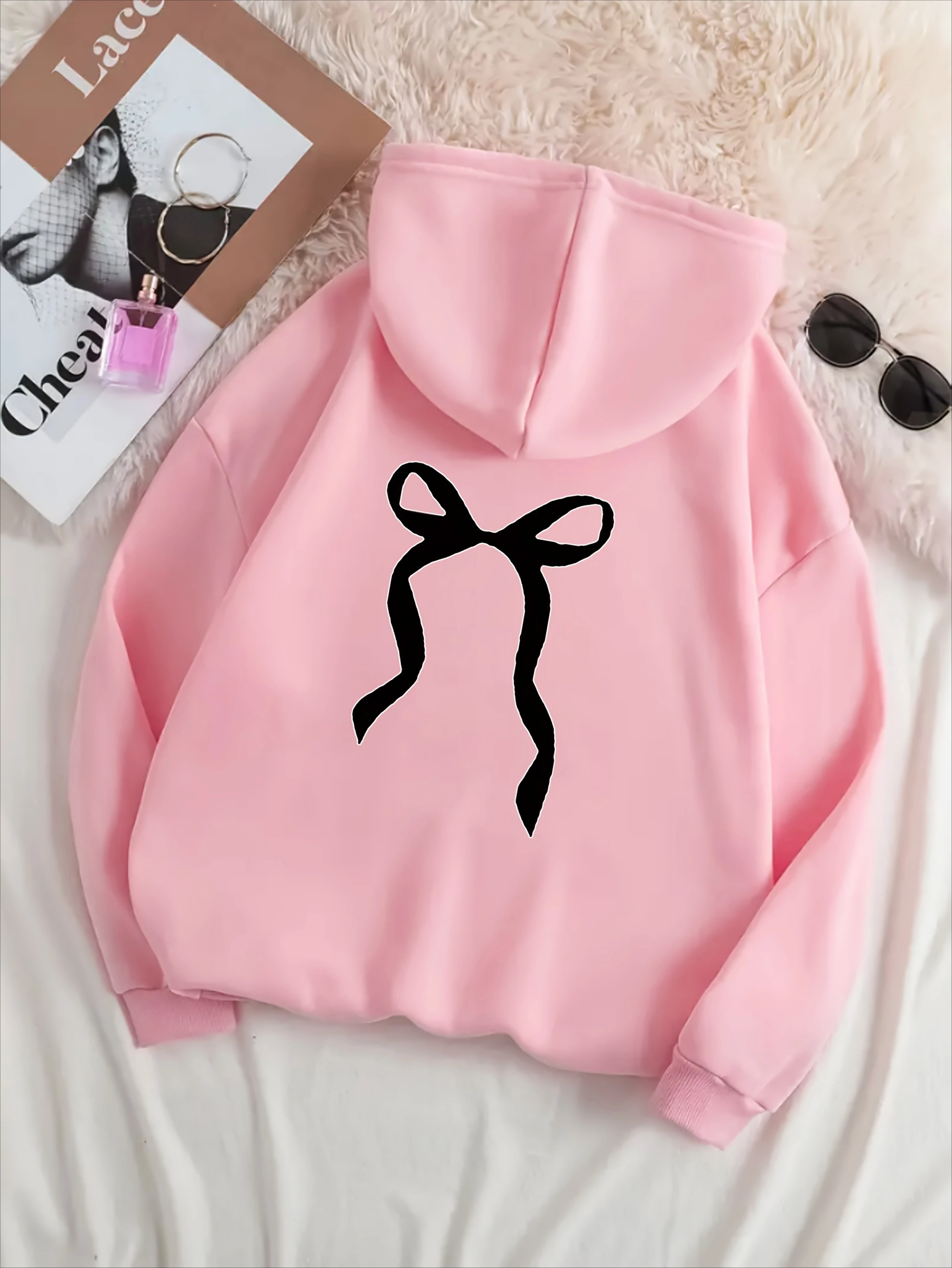 2025 Autumn and Winter Black Bow Print Simple Style Women's Long Sleeved Round Neck Comfortable Hoodies Casual Clothing