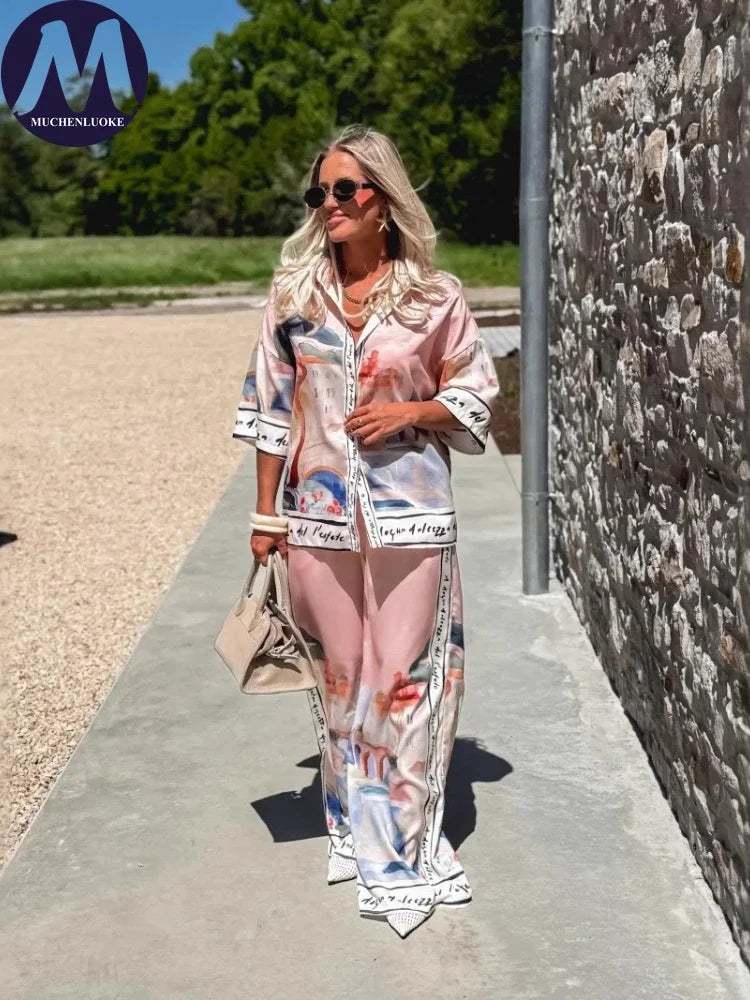2 Pieces Set for Woman Summer New Elegant Printed Half Sleeves Shirt Tops Suits Fashionable Casual Loose Wide Leg Pants Sets