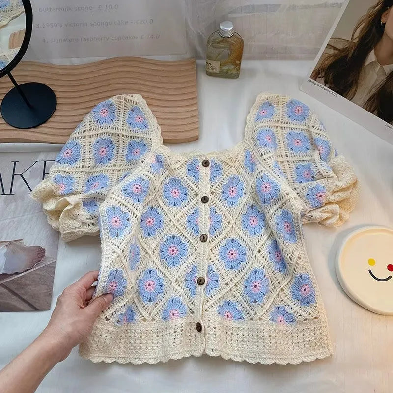 Embroidered Daisy Crochet Top Puff Sleeve Square Neck Openknit Floral Crop Blouse Summer Women Teen-girl Fairycore Outfit