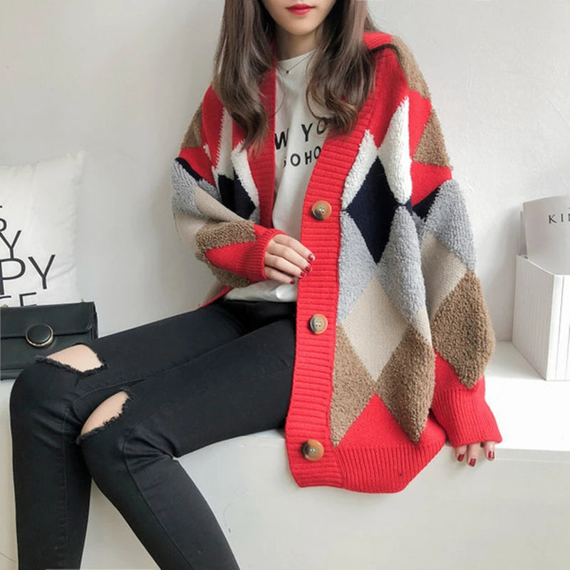 Korean Style Lady Knitted Cardigan Casual Loose V-neck Diamond Print Women's Thick Sweater Jacket Autumn Winter New Knitwear
