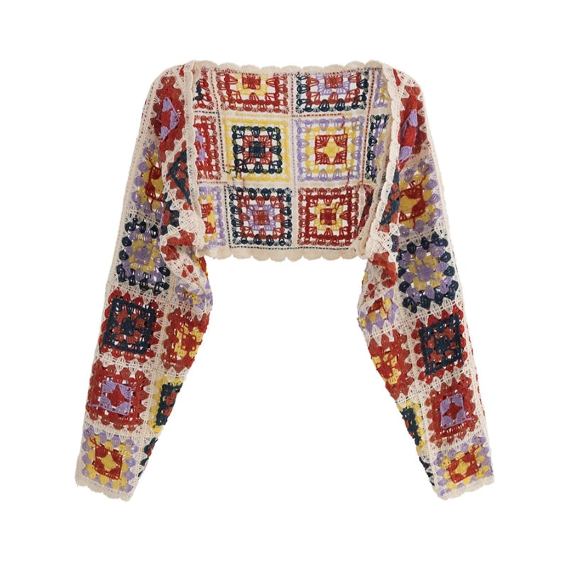 Crochet Granny Square Crop Cardigan Women Long Sleeve Open Front Knitted Shrug Top Beach Cover-up Boho Festival Outfit