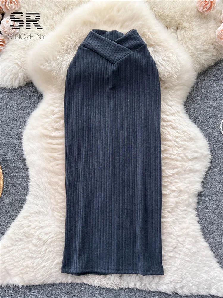 SINGREINY Soft Knit Long Skirt Women Autumn Elastic High Waist Solid Elegant Fashion 2023 Ladies Slim Casual Y2K Classic Skirt