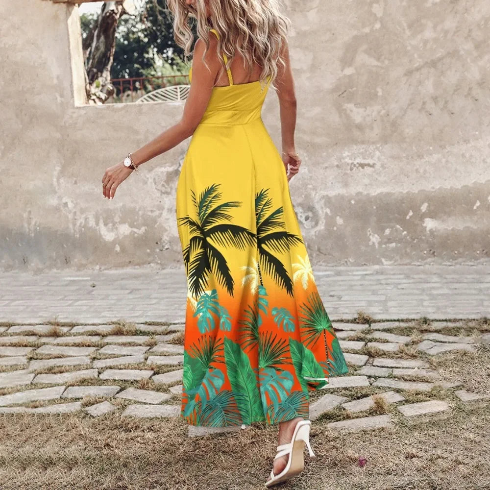 Boho Beach Sexy New Long Dresses Women Fashion Floral Print V-Neck Slim Sleeveless Backless Beach Maxi White Dress Elegant Robe