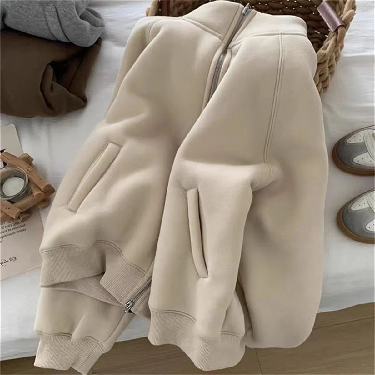 Women Autumn Winter Sweatshirt Coat Zip Up Solid Long Sleeve Stand Neck Jacket Lady Fashion Casual Street Vintage Coats Outwear