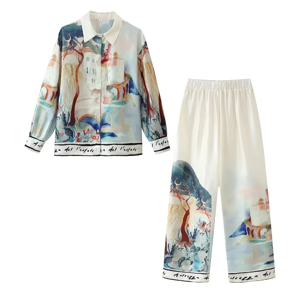 New Loose Long Sleeve Shirt Tops Set Daily Casual Woman's Outfit 2 Pieces Pant Set Fashion Printed Long Pants Sets For Women