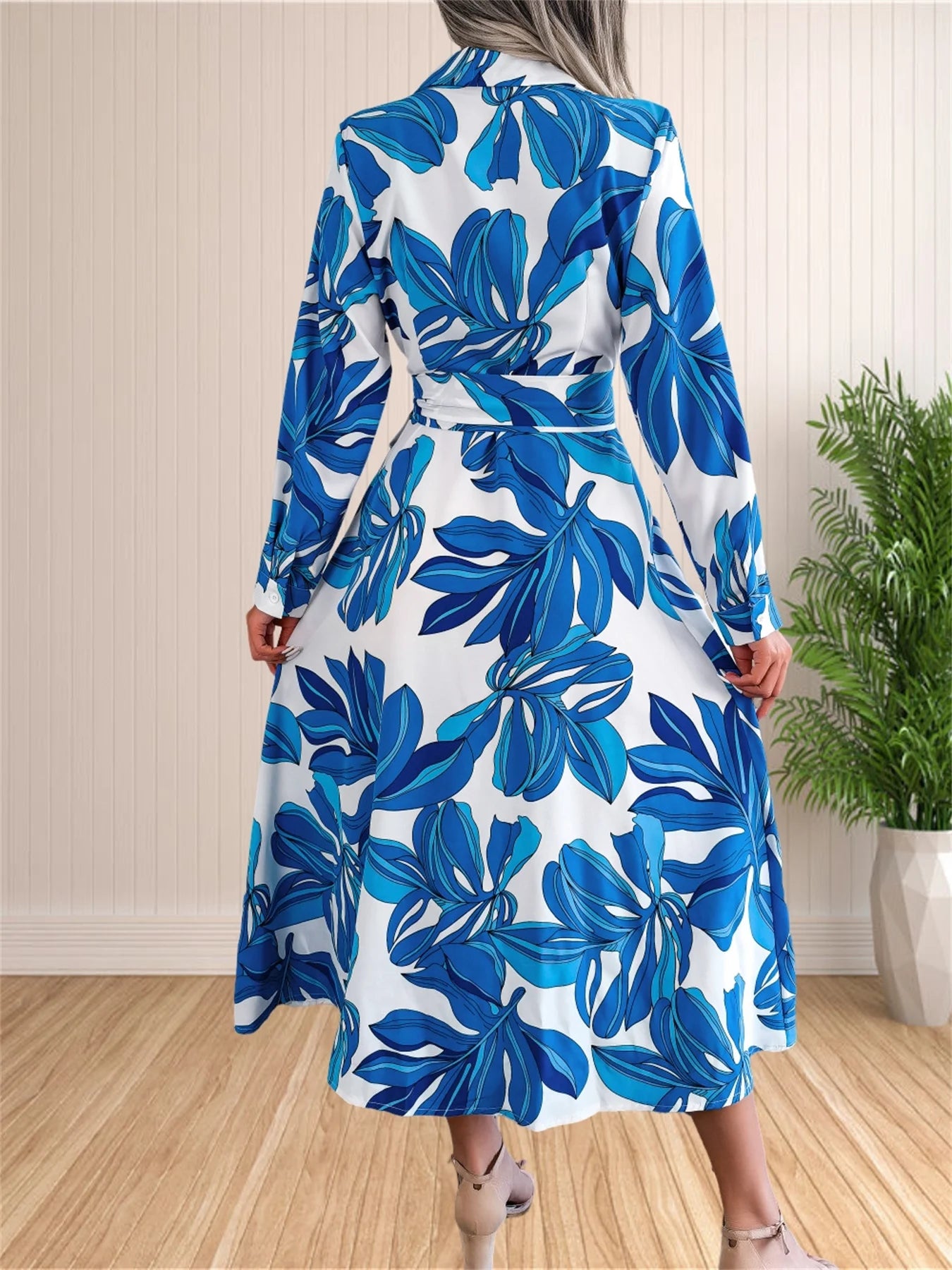 Women's Floral Dresses Casual Print Long Sleeve Maxi Shirt Sundress Bohemian Pleated Slit Beach Bodycon