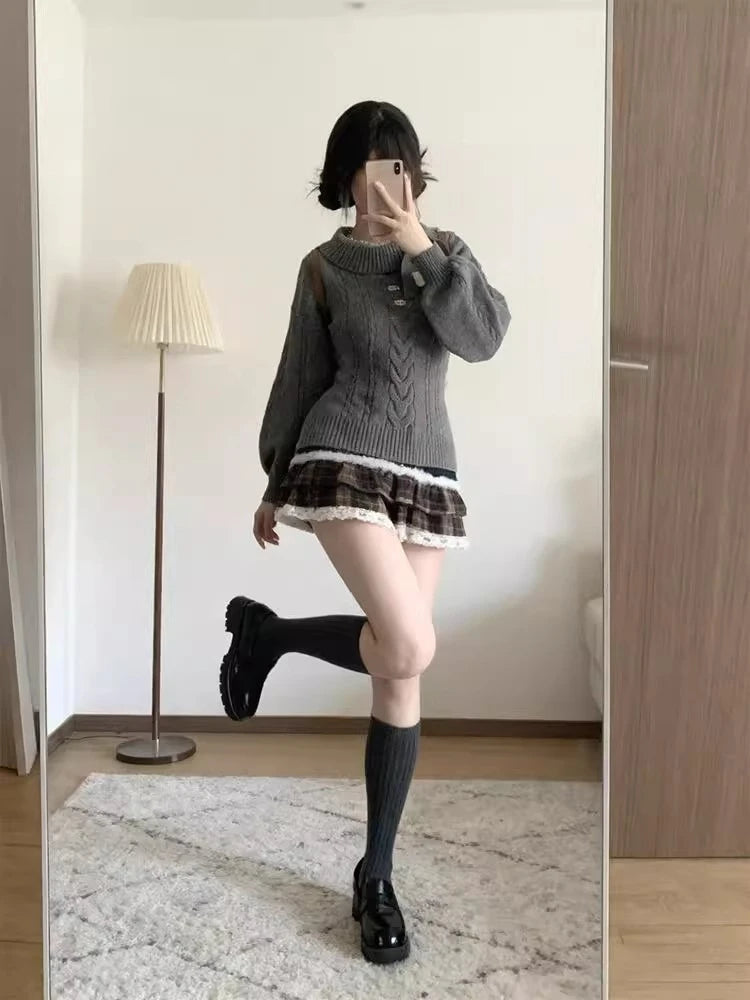 Sweet Korean Knitted Sweater Women Autumn Winter Faux Fur Jumper Female Japanese Kawaii Jumpers Vintage Elegant Pullover Y2k