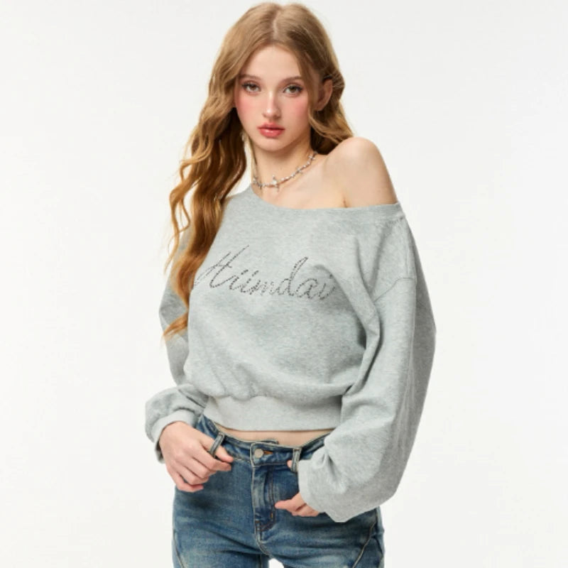 Off Shoulder Sweatshirts Women Loose Korean Fashion Baggy Y2k Streetwear High Street K Pop Clothing Slouchy Casual Ins  Hoodies