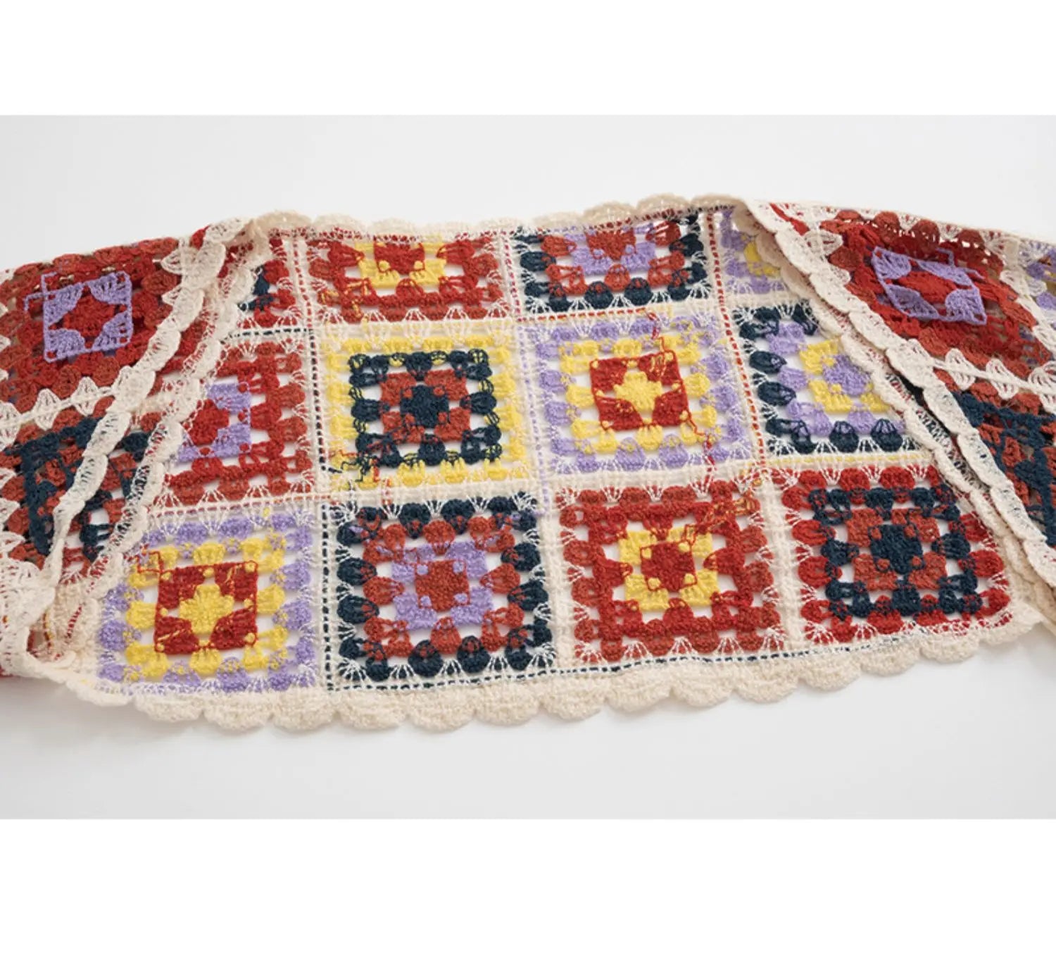 Crochet Granny Square Crop Cardigan Women Long Sleeve Open Front Knitted Shrug Top Beach Cover-up Boho Festival Outfit