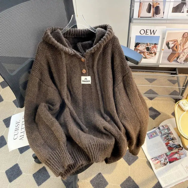 Korean Loose and Lazy Style Hooded Sweater for Women's Autumn and Winter 2024 New Soft and Thick Drawstring Knitted Sweatshirt T