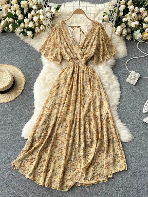 2025 Women Summer Dress Short Flare Sleeve V-neck Chiffon Maxi Dress Boho Style Floral Print High Waist A-line Beach Long Dress