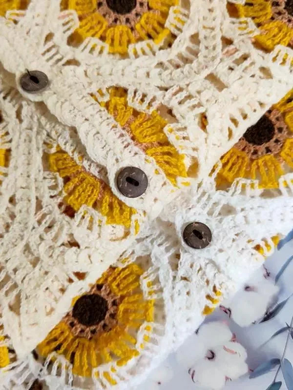 Embroidered Daisy Crochet Top Puff Sleeve Square Neck Openknit Floral Crop Blouse Summer Women Teen-girl Fairycore Outfit