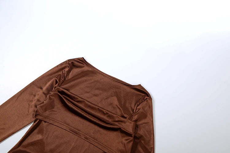 Sisterlinda Silky Satin Long Dress Woman Fashion Trend o-Neck Full Sleeve High Waist Robe Daily Casual Ruched Elegant Vestidos