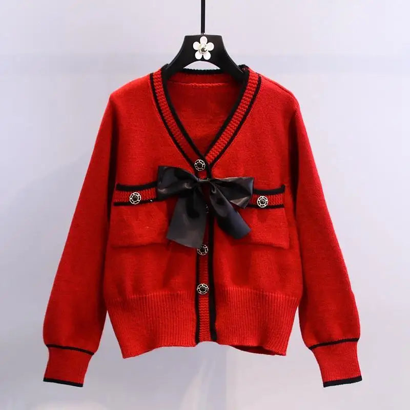 Bow design sweater jacket for women's spring wear new Japanese style western-style age reducing knitted cardigan