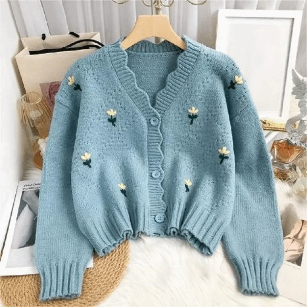 Candy Color Short Knitted Sweater Long Sleeve Flower Embroidery Women Knitted Cardigan Slim INS Korean Style Sweater Female