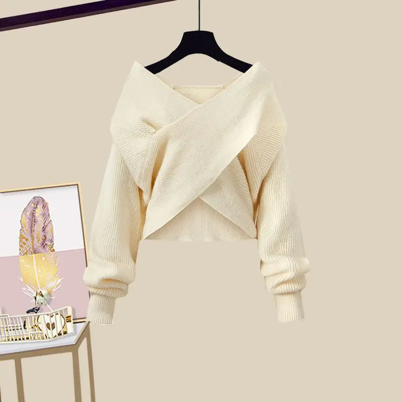 Spring/Summer Set Women's 2023 New Large Women's Korean Slim Cross Sweater High Waist Half Skirt Two Piece Set Fashion