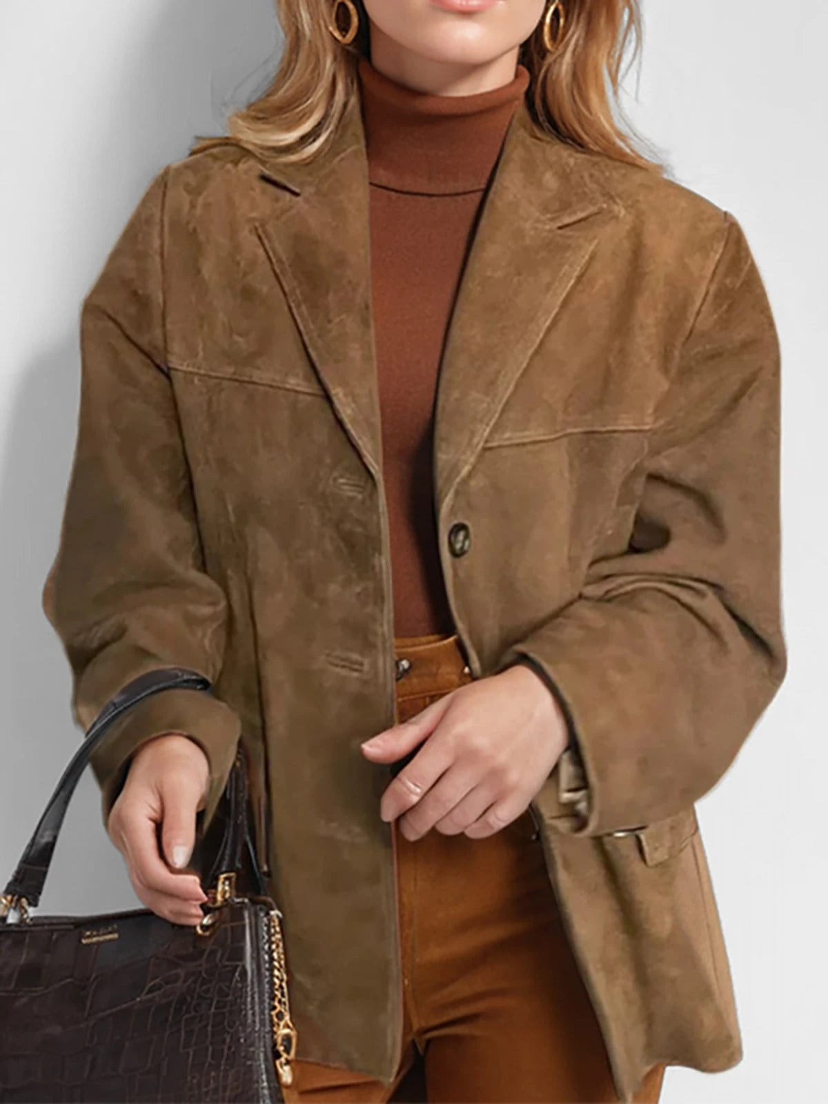 Elegant Temperament Women's Jacket Vintage Brown Single-Breasted Lapel Long Sleeve Coat High Street Chic Autumn Female Jackets