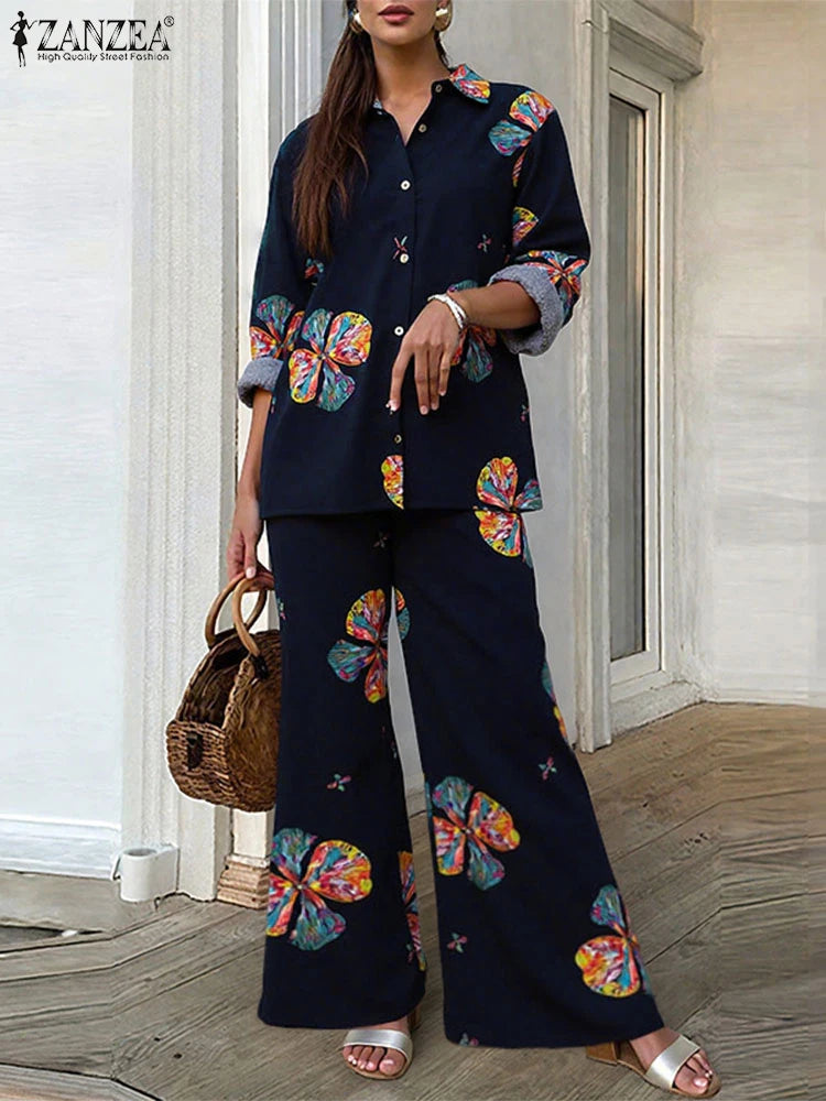 ZANZEA Women Cotton Pant Sets 2025 Print Vintage Autumn Long Sleeve Shirts Wide Leg Pants Outfit Casual OL Suits Oversized Sets