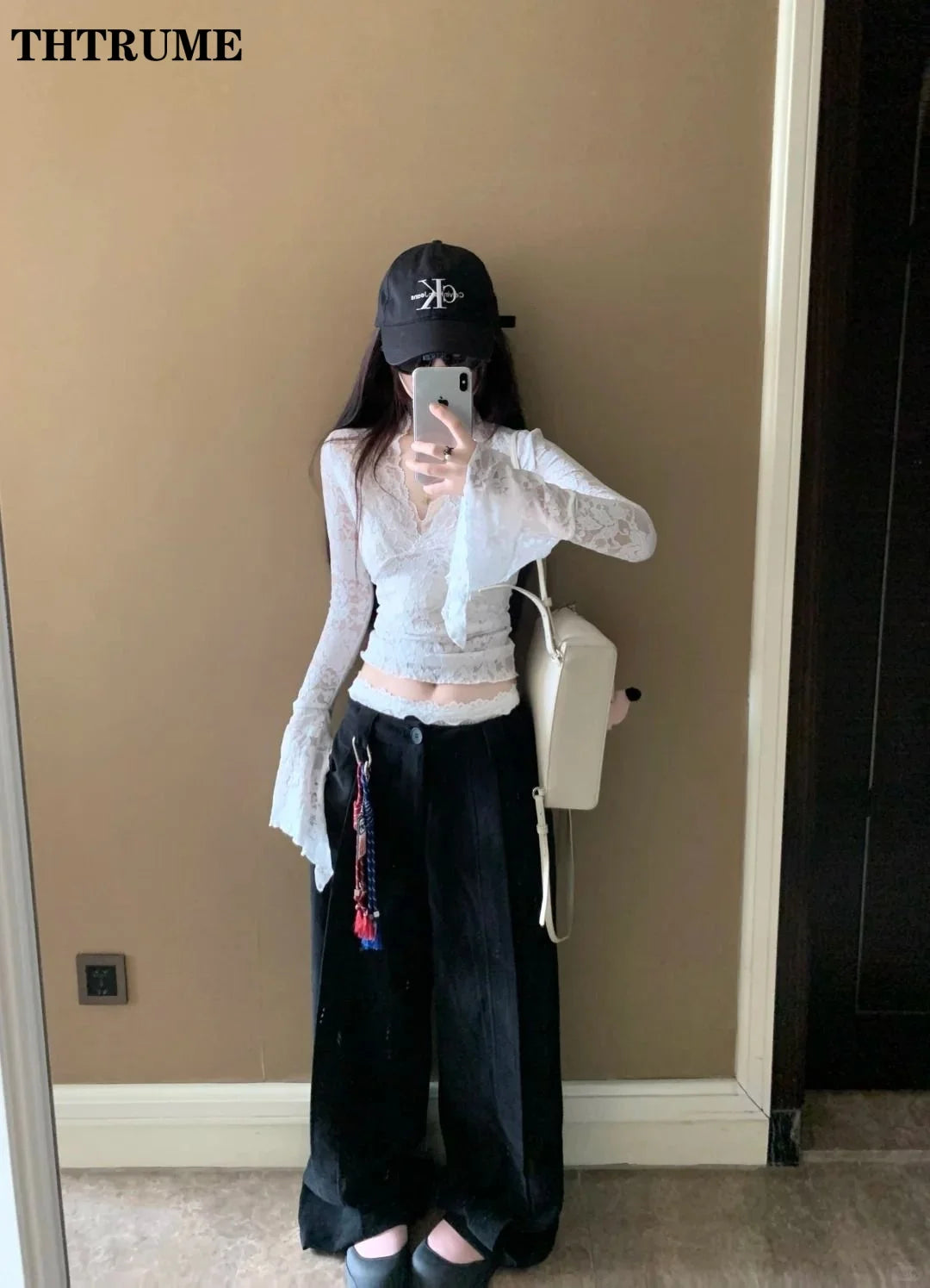 Sexy V-Neck Sheer T-Shirts Fashion Women Flare Long Sleeve Spring Lace Slim Pullovers Tops Casual Evening Party Club Chic Tees