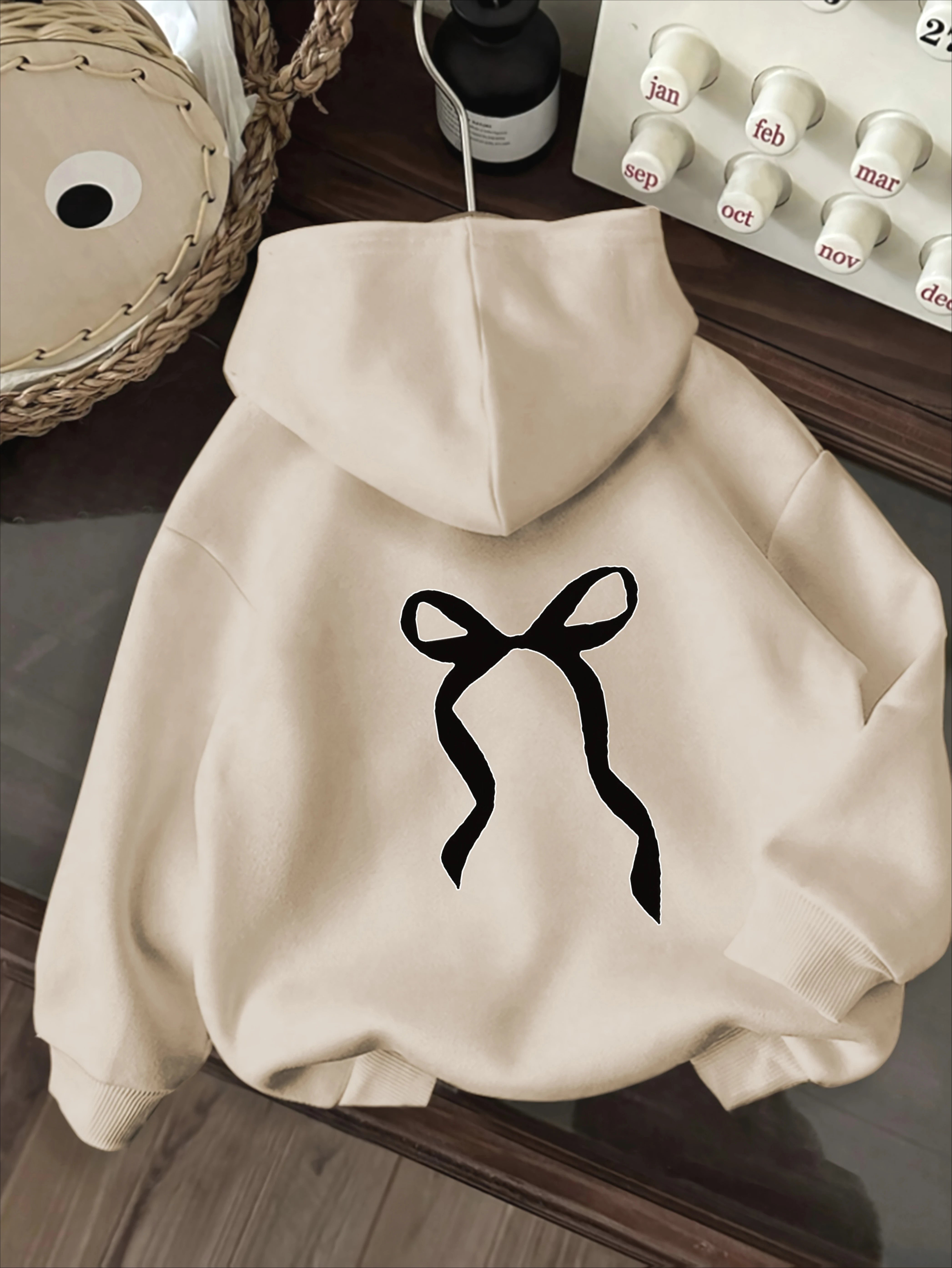 2025 Autumn and Winter Black Bow Print Simple Style Women's Long Sleeved Round Neck Comfortable Hoodies Casual Clothing