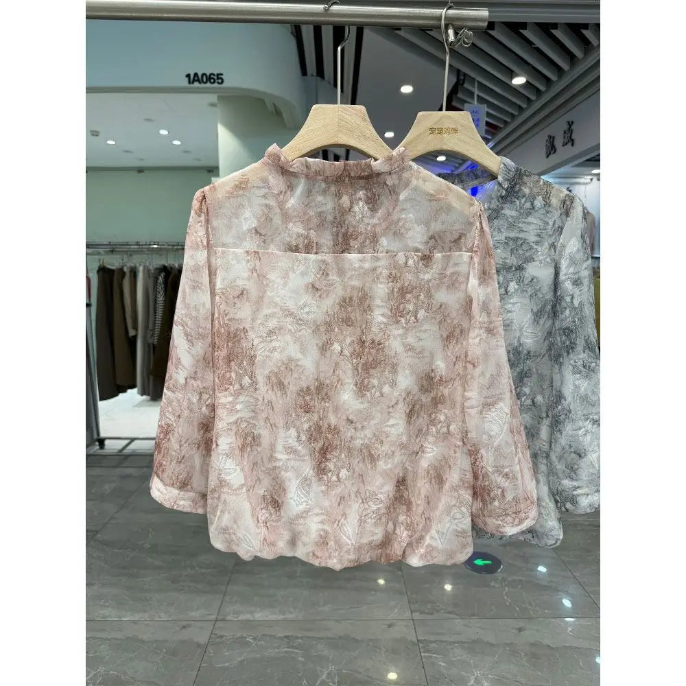 Fashion Printed Shirt for Women 2025 Summer New Seven-point Flared Sleeve Top