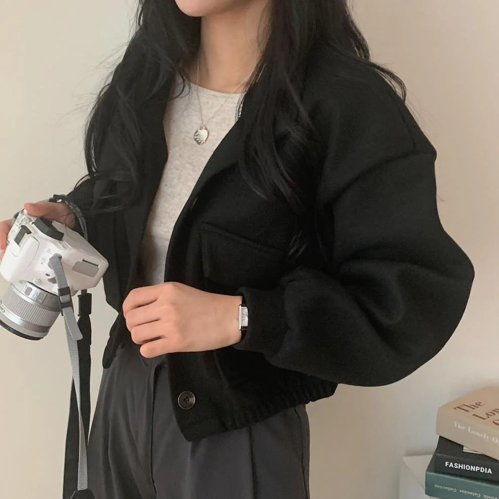 Korean Style Cool Retro Top Women's Autumn Winter Motorcycle Short Loose Woolen Jacket Small Stand Collar Casual Youthful