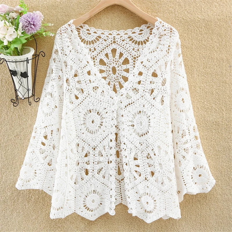 Women's Shirt 2025 Hollow out New Female Coat Knitted Shirt Lace Thin Hook Flower Loose Solid Color Fashion Top Hoodie Versatile