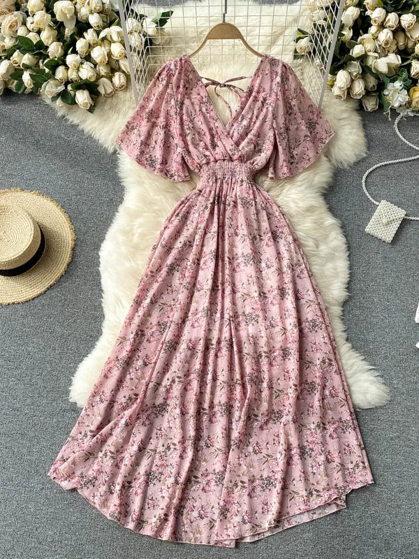 2025 Women Summer Dress Short Flare Sleeve V-neck Chiffon Maxi Dress Boho Style Floral Print High Waist A-line Beach Long Dress