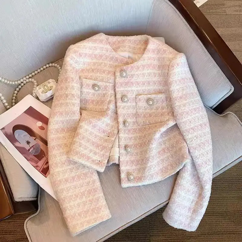 Braided Jacket for Women in Spring and Autumn 2025 New Style Loose Pearl Button Cardigan Fashionable Short Top