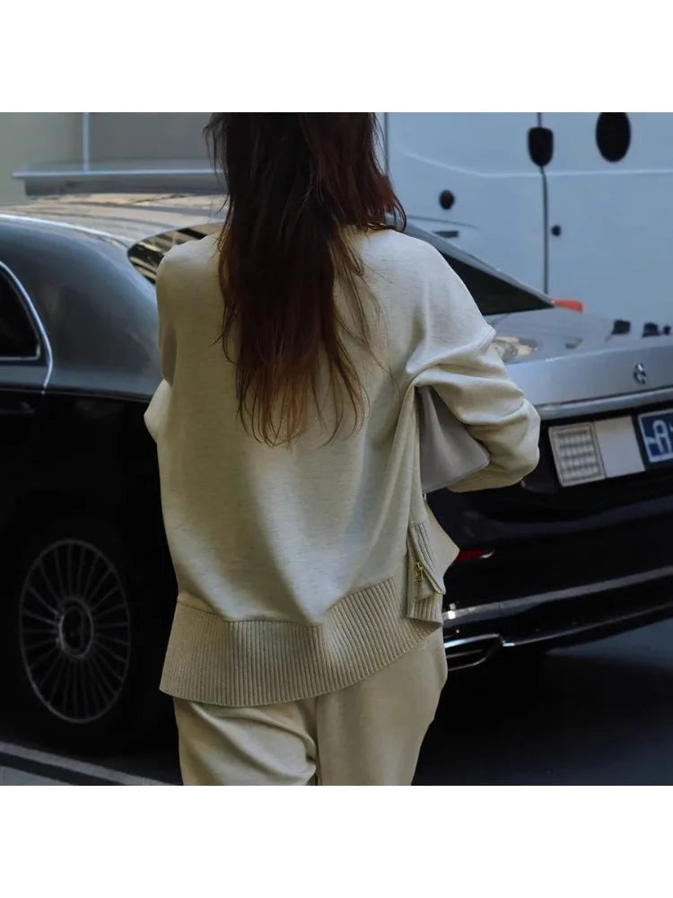 Women's Fashion Spring Autumn New Long Sleeve Hoodie Set INS Ladies Casual Loose Pocket Pants Solid Color Two Piece Set