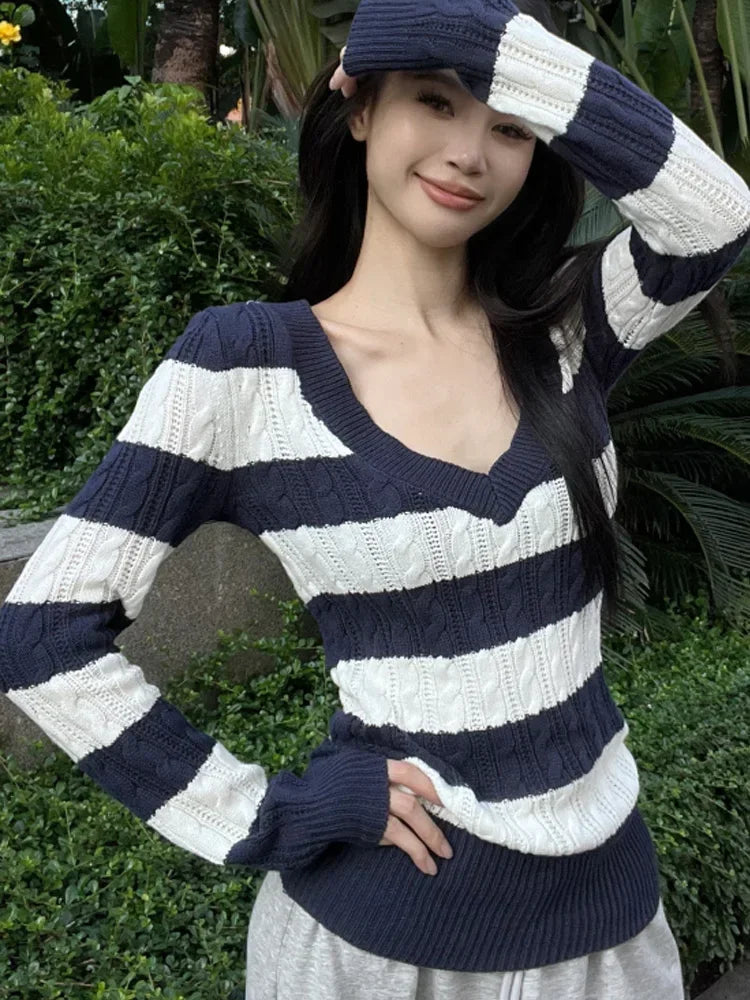 Fashion Korean Style Striped V-neck Women's Sweater Autumn Winter Elegant Long-sleeved Knitwear Casual Slim-fitting Shirt