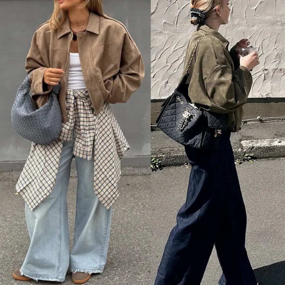 Women's Bomber Jacket Lapel Long Sleeve Zipper Suede Jacket Women 2025 High Street Cropped Racing Jackets Coats Outerwears