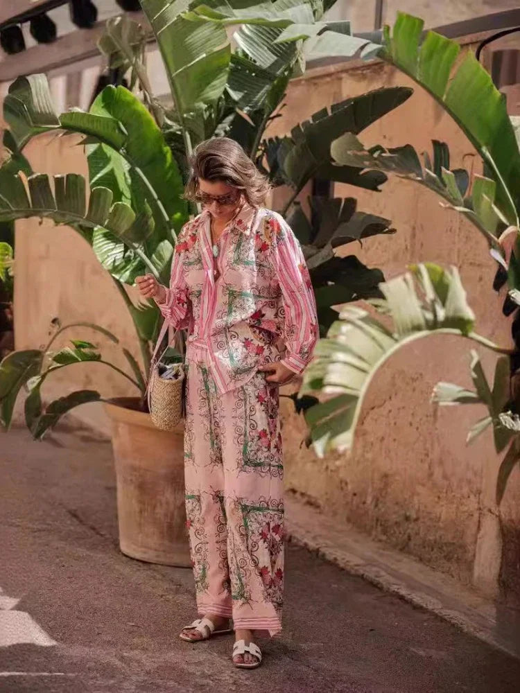 2 Pieces Set for Woman Summer Elegant Versatile Printed Long Sleeves Shirt Suits Fashionable Casual Loose Wide Leg Pants Sets
