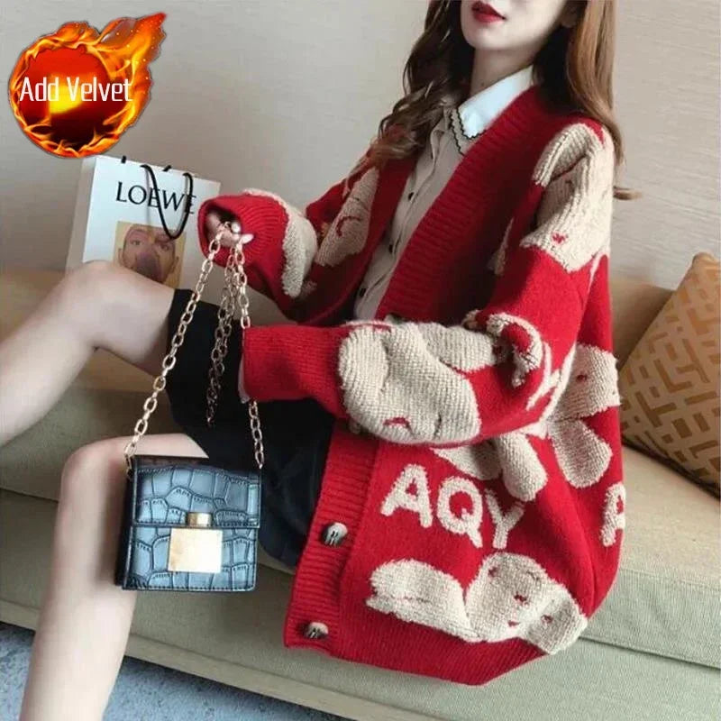 Long Knit Tops for Woman Graphic Black Winter Button Cardigan Cute Women's Sweater Kawaii V-neck Korean Fashion Crochet Luxury