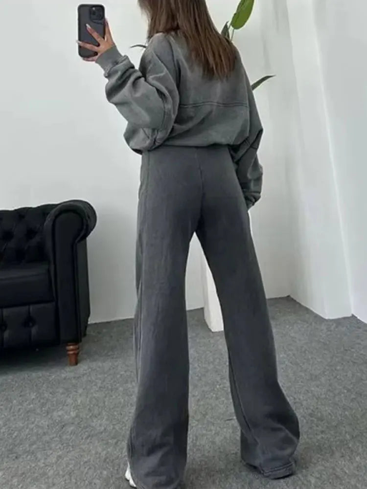 HH Bomber Jacket Pant Sets For Women Casual Long Sleeve Zipper Coat Vintage Solid Sweatshirt Outfits Autumn Woman Streetwear