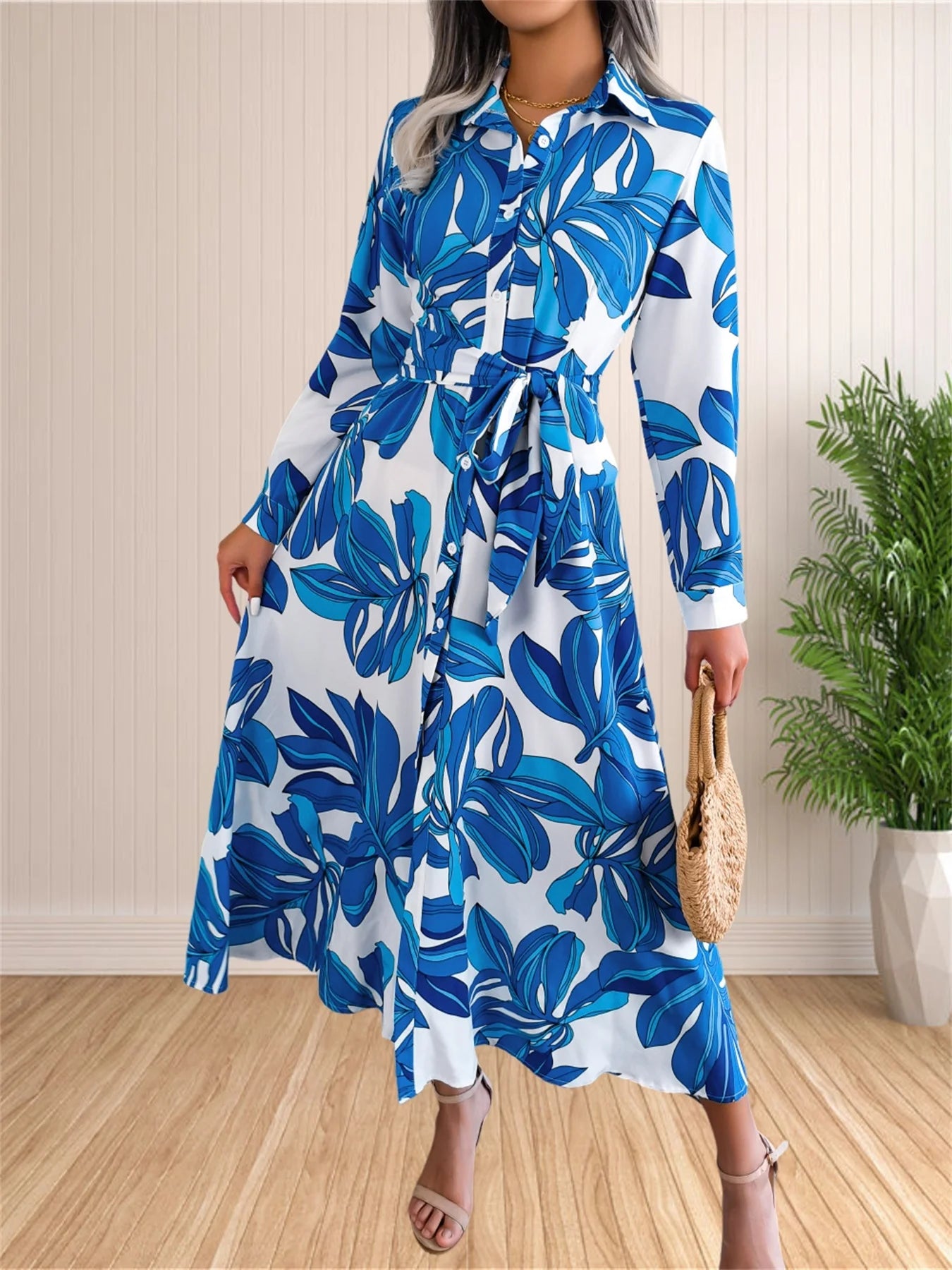 Women's Floral Dresses Casual Print Long Sleeve Maxi Shirt Sundress Bohemian Pleated Slit Beach Bodycon