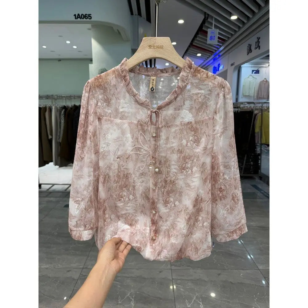Fashion Printed Shirt for Women 2025 Summer New Seven-point Flared Sleeve Top