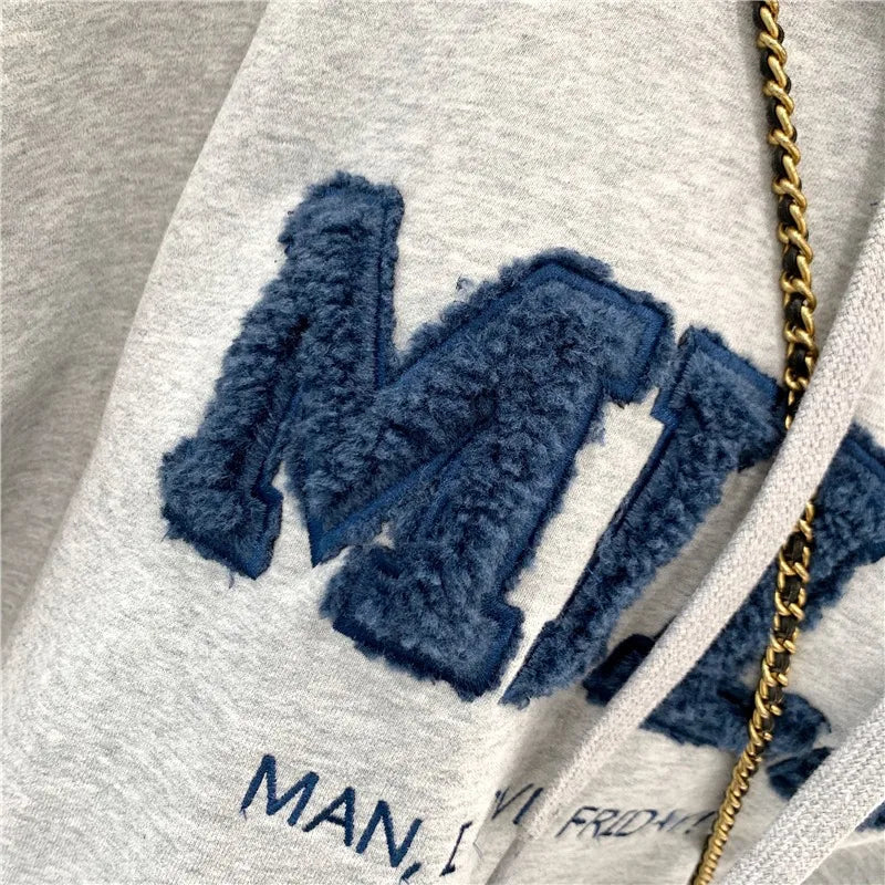 Women Loose Fashion Autumn Letter Splicing Lamb Hoodies Sweatshirt Casual Cotton Thick Long Sleeve Female Pullover Streetwear