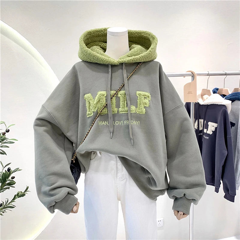 Women Loose Fashion Autumn Letter Splicing Lamb Hoodies Sweatshirt Casual Cotton Thick Long Sleeve Female Pullover Streetwear