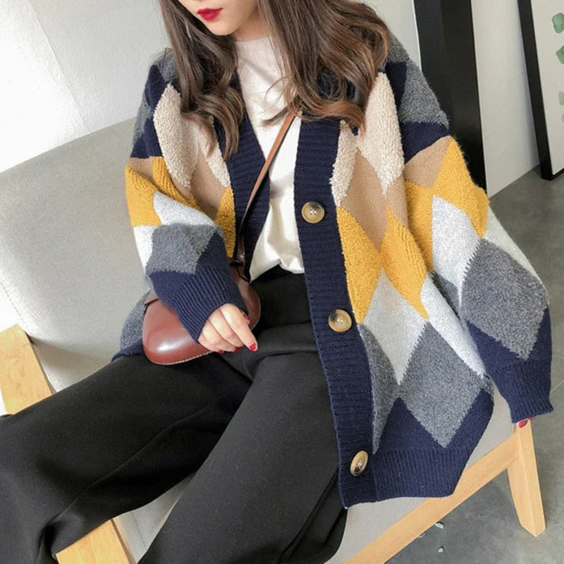 Korean Style Lady Knitted Cardigan Casual Loose V-neck Diamond Print Women's Thick Sweater Jacket Autumn Winter New Knitwear
