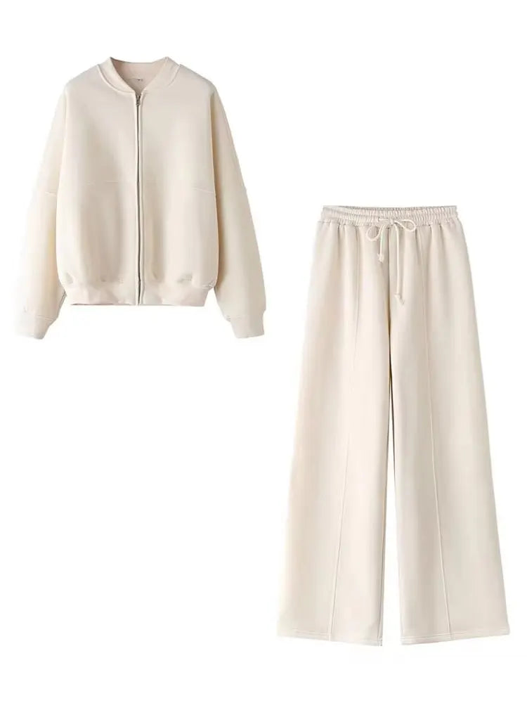 HH Bomber Jacket Pant Sets For Women Casual Long Sleeve Zipper Coat Vintage Solid Sweatshirt Outfits Autumn Woman Streetwear