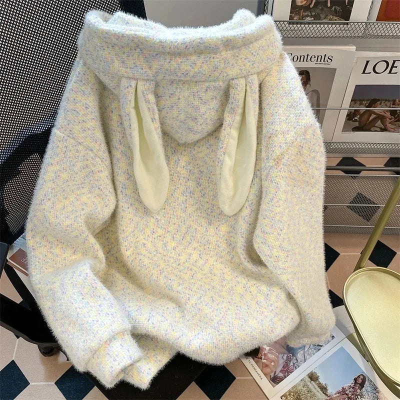 Korean Sweet Knitted Sweater Women Long Sleeve Spring Fall Warm Cardiagn Preppy Style Loose Casual Thick Hooded Outwear