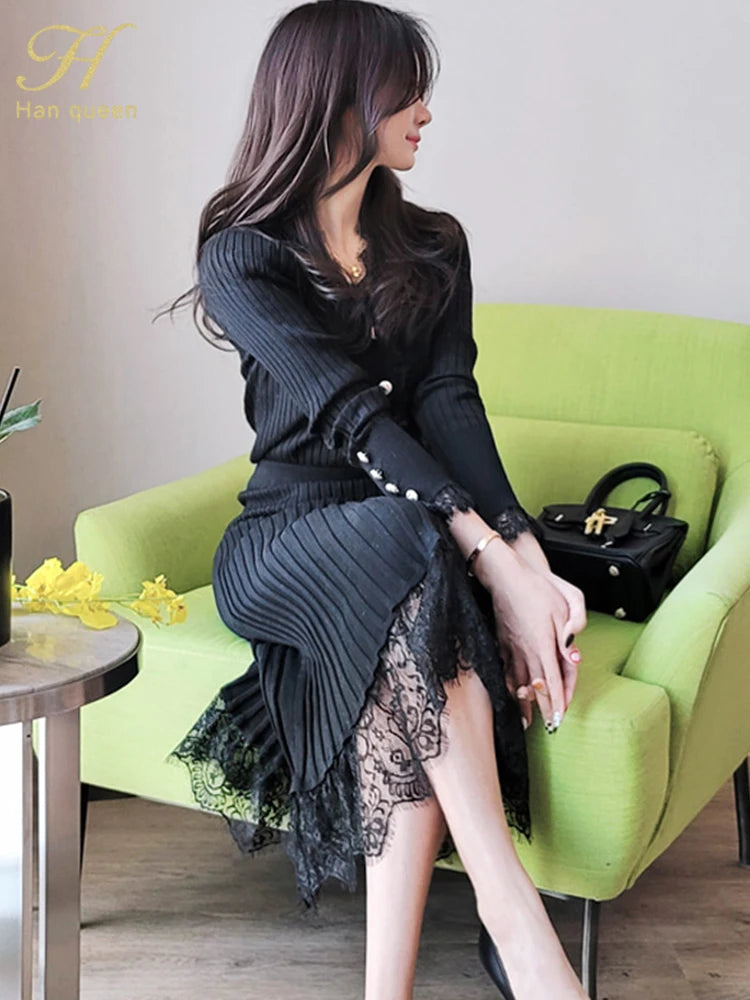 H Han Queen Korean 2 Pieces Set Women's Knitted Bottoming Vestidos Stitching Lace Black Single-breasted Mermaid Lady Skirt Suit