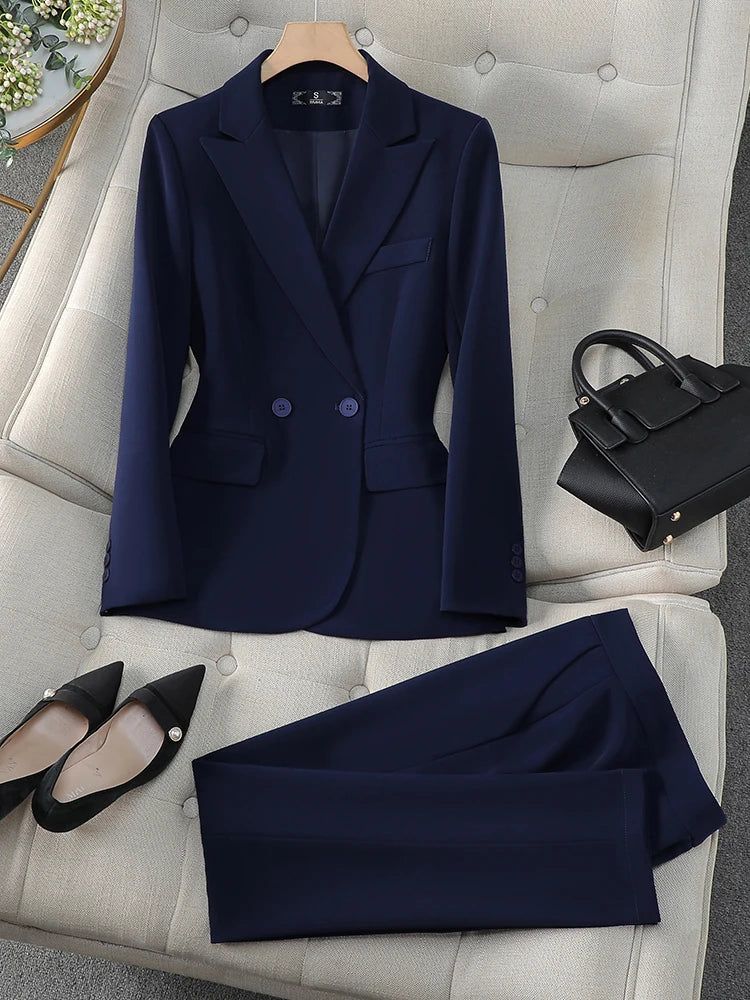 Blue Gray Black Solid  Women Pant Suit Office Ladies Female Business Work Wear 2 Piece Set Formal Blazer Jacket And Trouser