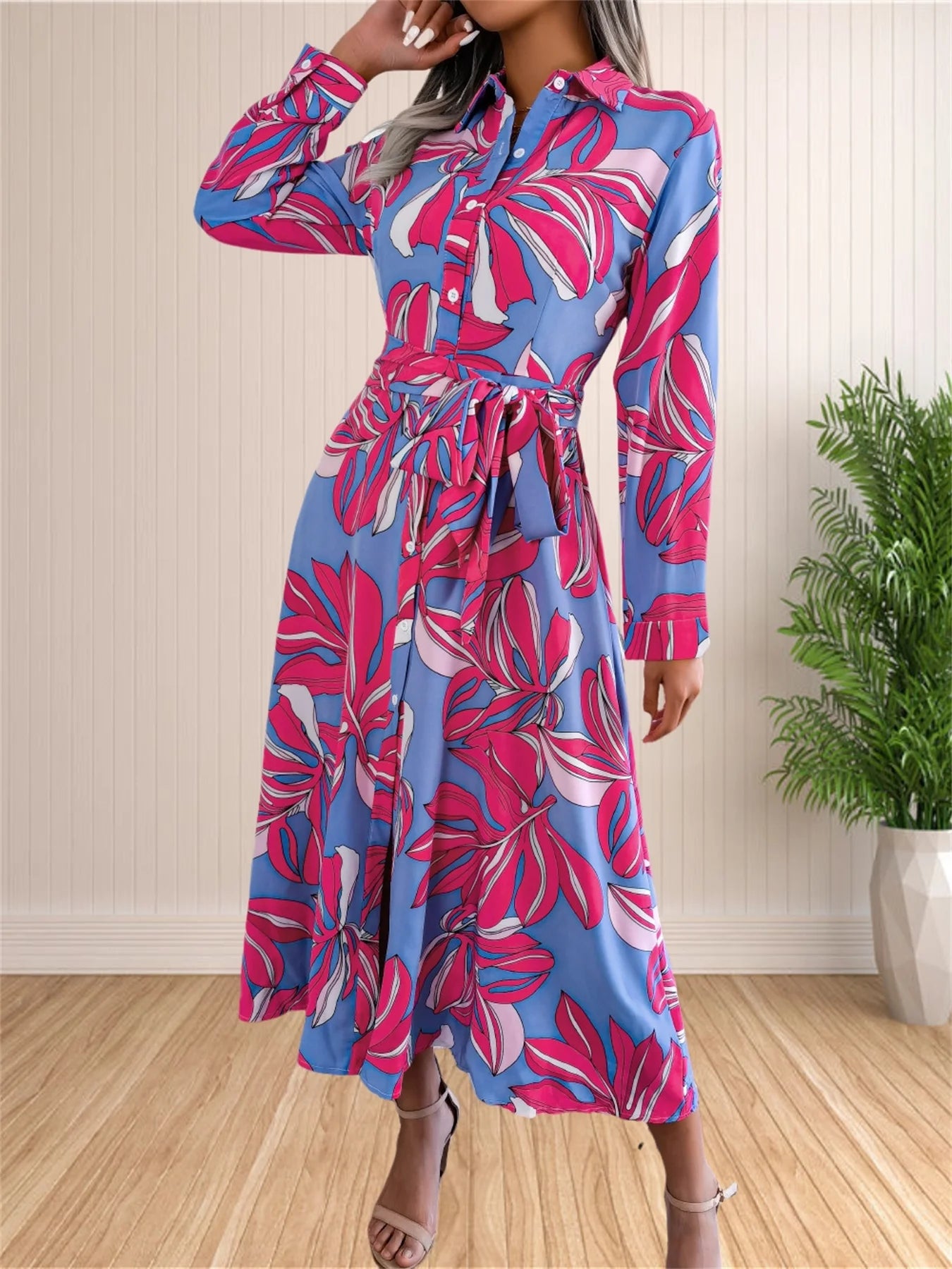 Women's Floral Dresses Casual Print Long Sleeve Maxi Shirt Sundress Bohemian Pleated Slit Beach Bodycon