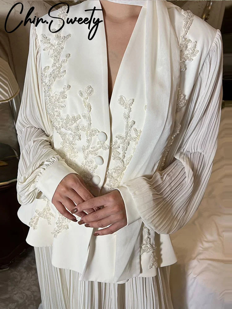 Elegant 3D Flower Solid Women Top Set  V-neck Lantern Sleeve A Line Pleated Lady Skirt Sets 2025 Autumn Female Suit New