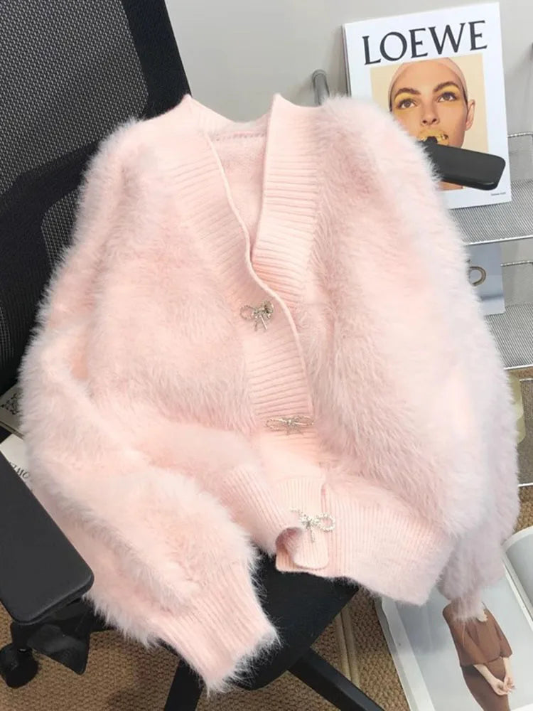 Korean Fashion Imitation Mink Sweater Cardigan Women Casual Sweet Knitwears Cropped Tops Coats Chic Design Long Sleeve Abrigos