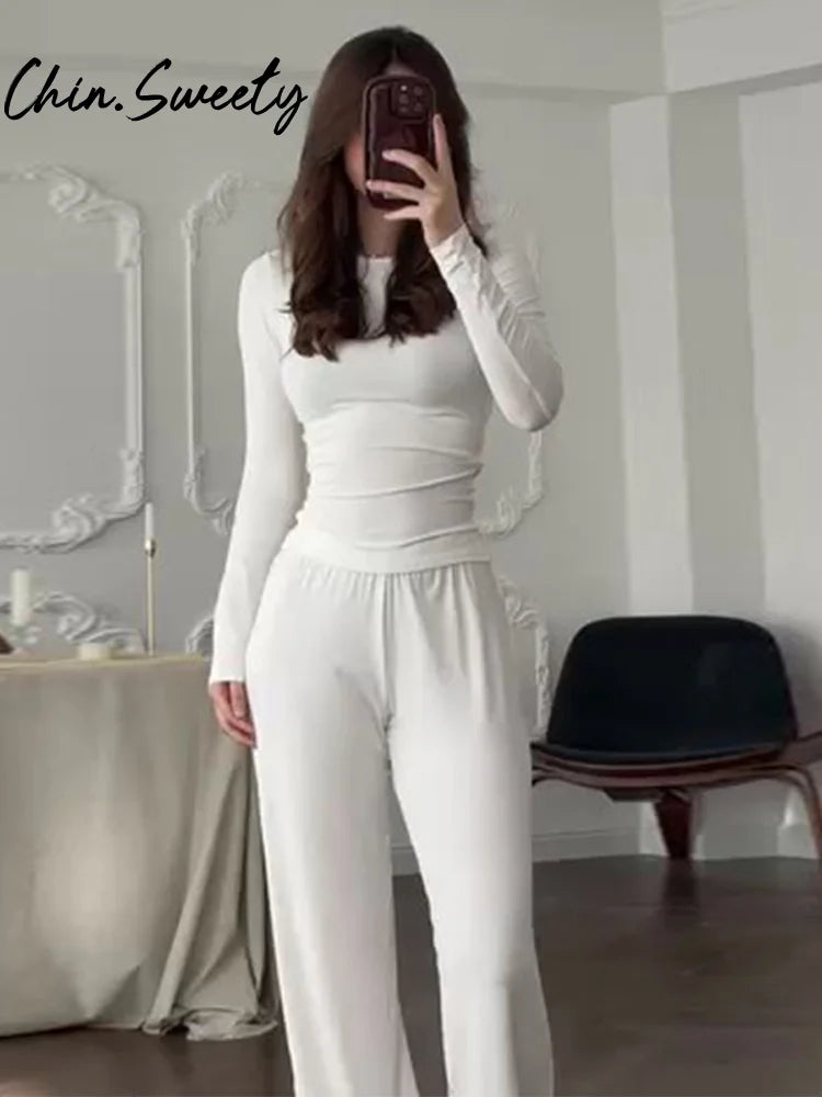 Solid Top Trousers Women Set Slim Long Sleeve O-neck Tops Pleated Straight Pocket Pants 2026 Spring Summer Vacation Lady Outfit