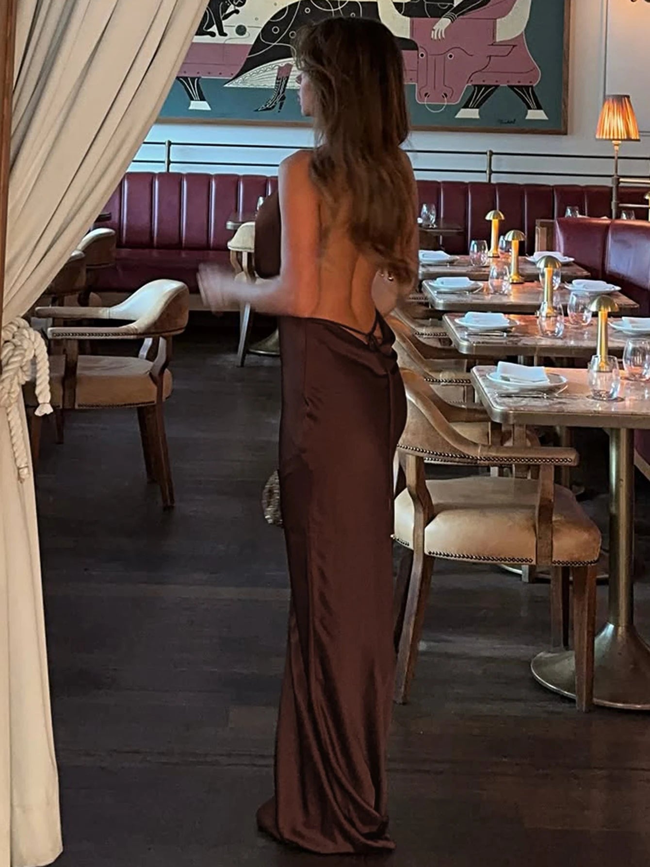 Dulzura Summer Latest Fashion Swinging Collar Backless Lace Up Slim Long Dress Women'S Sexy Elegant Dress Party Club Prom Outfit